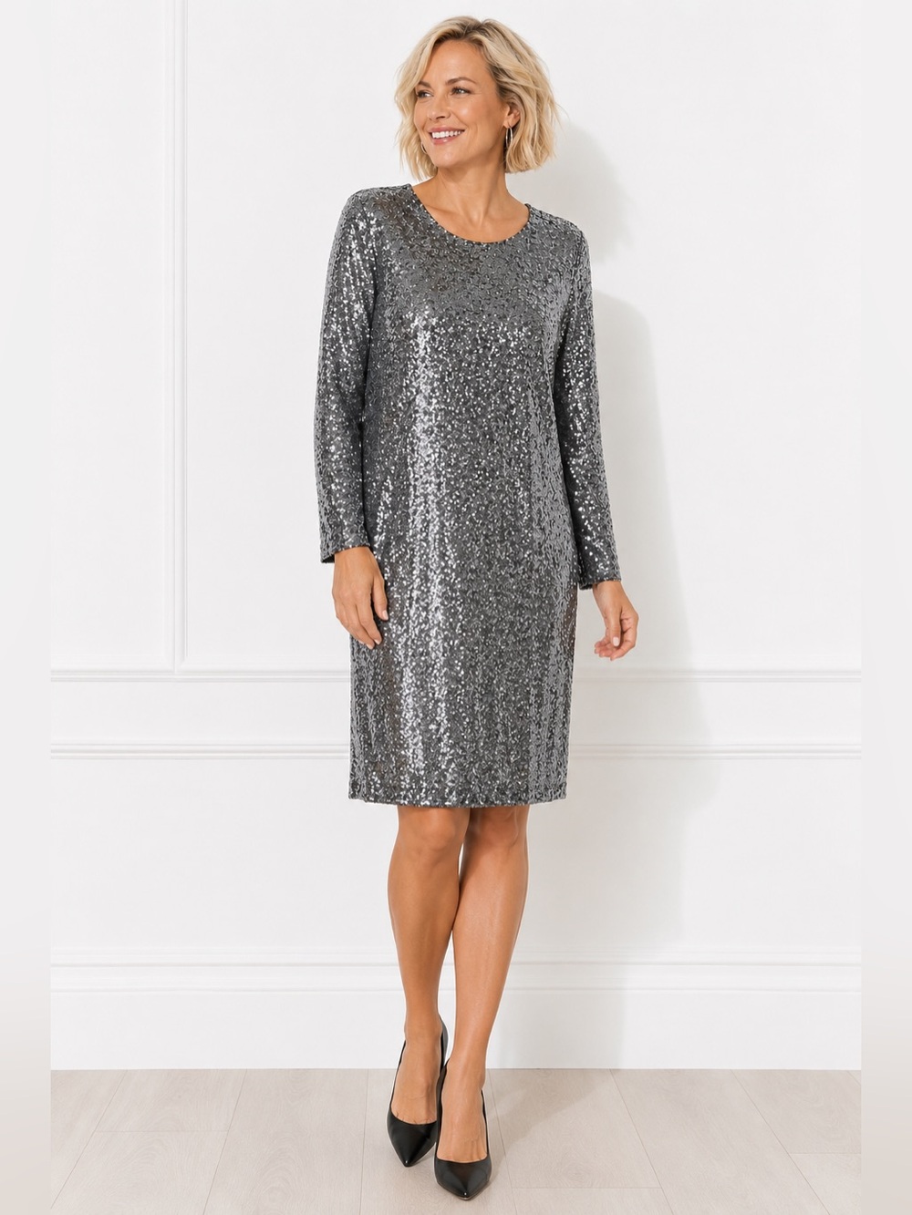 KAFFE Silver Sequin Long Sleeve Shift Dress SIZE M